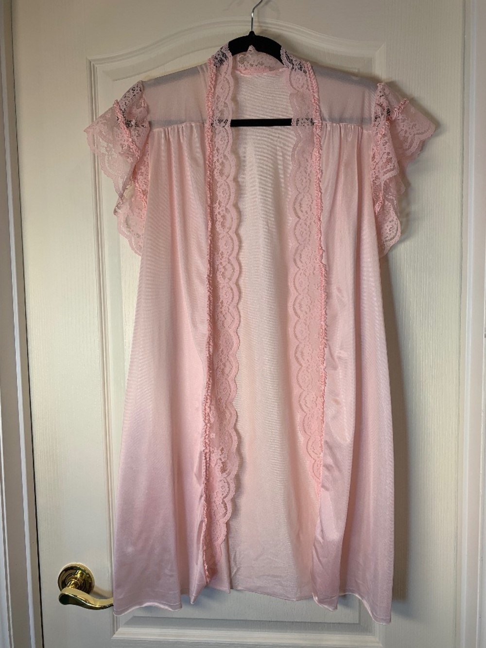 Vintage Pink Lace Nylon Robe Made in Canada Romantic Loungewear M Dominique 80's